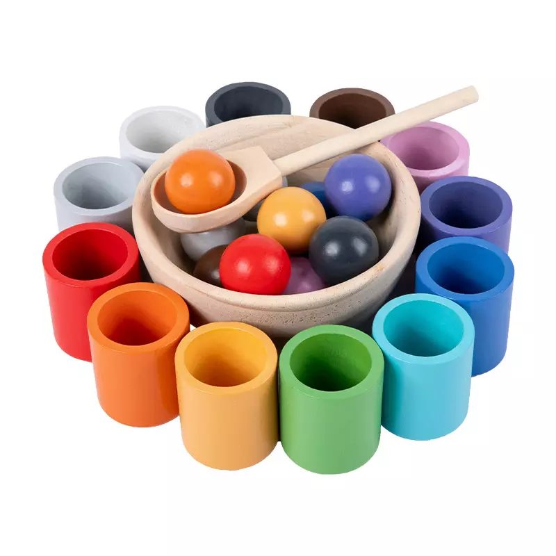 12 wooden coloured balls with matching cups