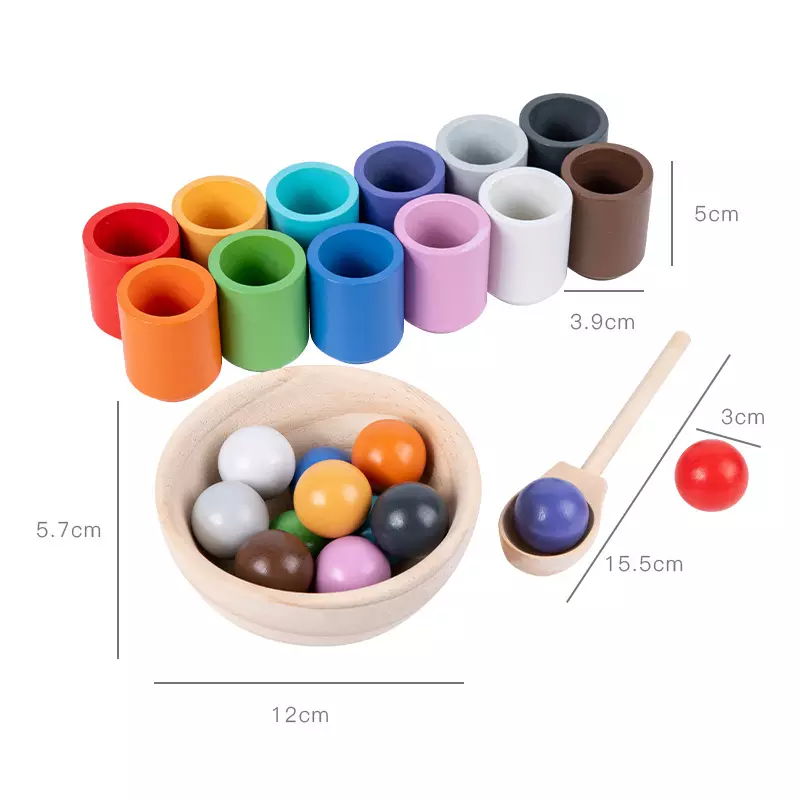 12 wooden coloured balls with matching cups