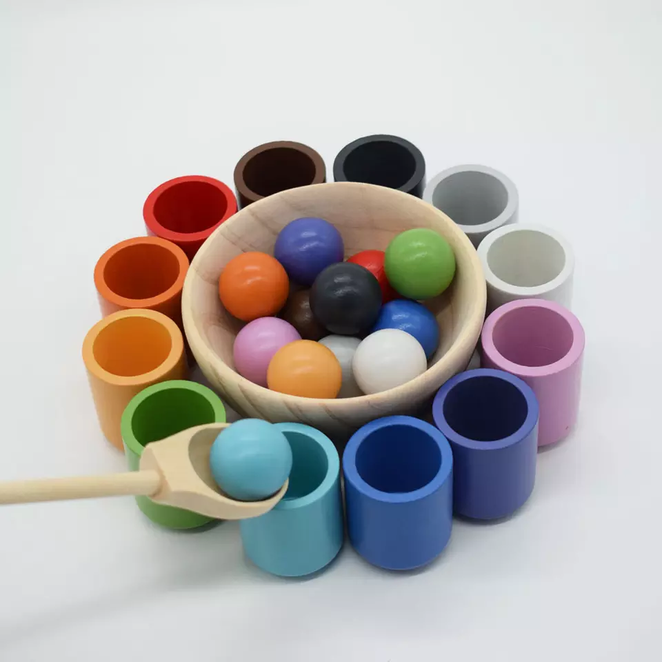 12 wooden coloured balls with matching cups