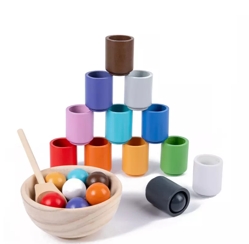 12 wooden coloured balls with matching cups